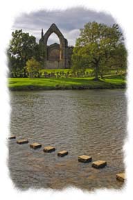 Picture of Bolton Abbey and stepping stones - Click to visit Bolton Abbey